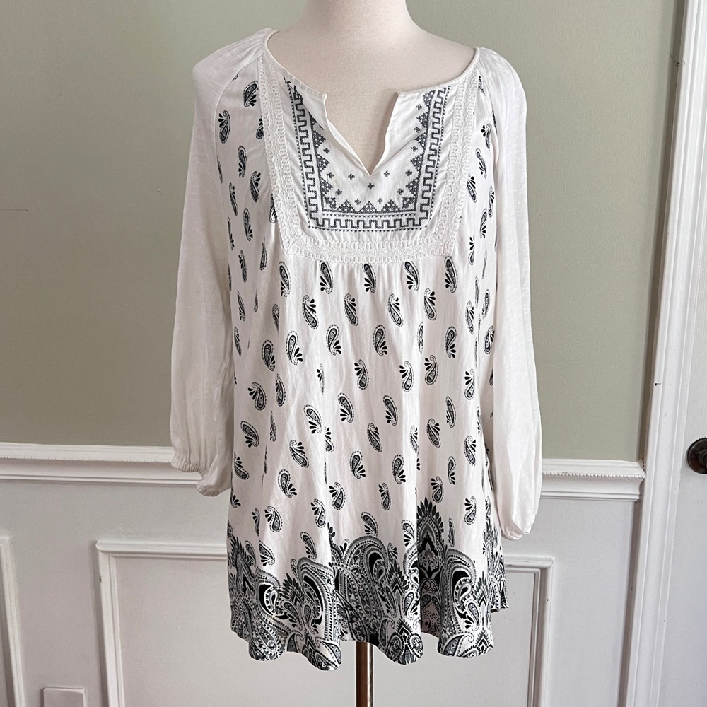 Vintage X America Peasant Tunic Womens L Paisley Embroidered White Boho Festival